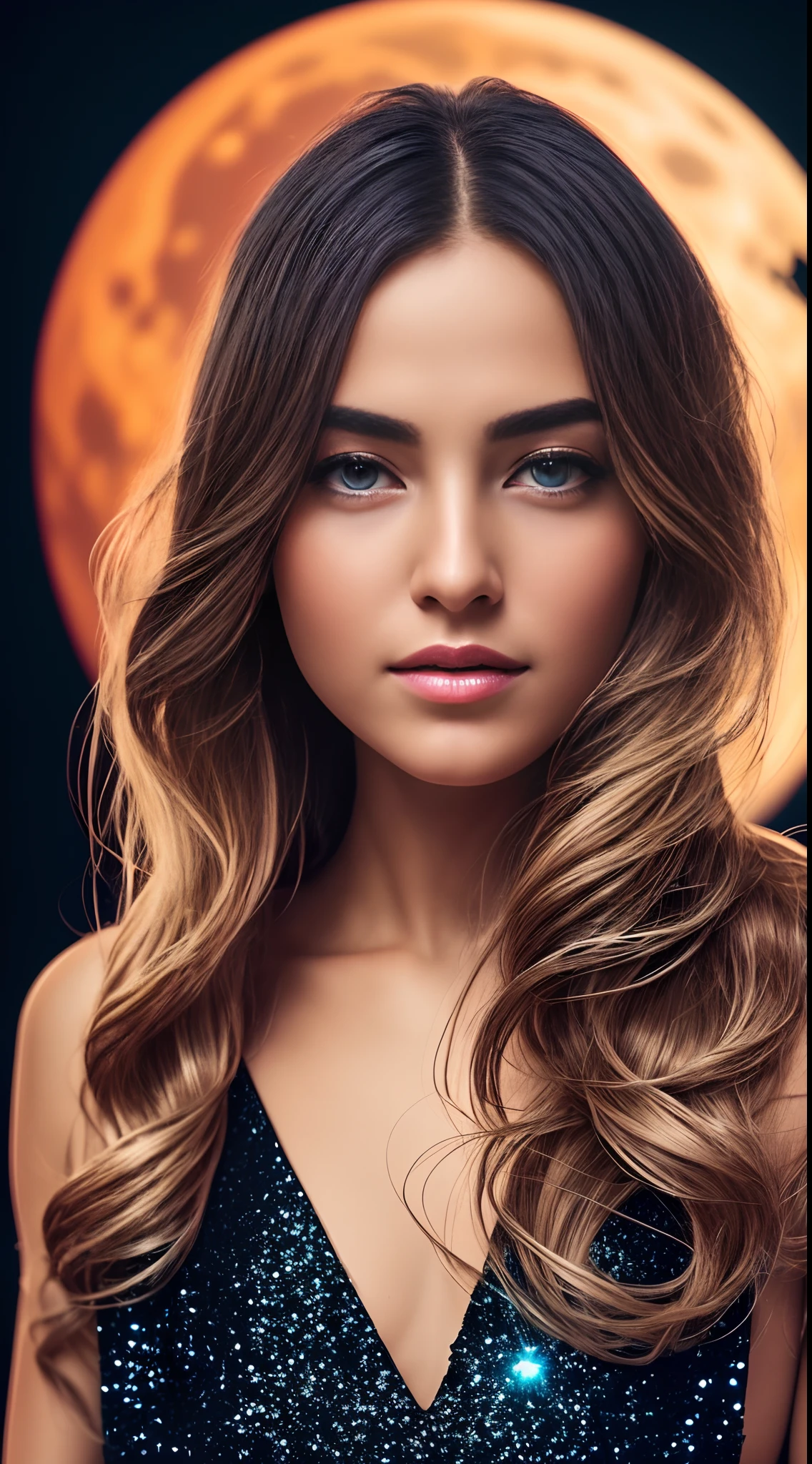 extra  detail photography arts 8k ,standing,beautiful,softly illuminated face,flowing hair,perfect features,perfect hands,fluorescent semi-transparent clothes,sitting in space between celestial bodies,black background with dots of glitter