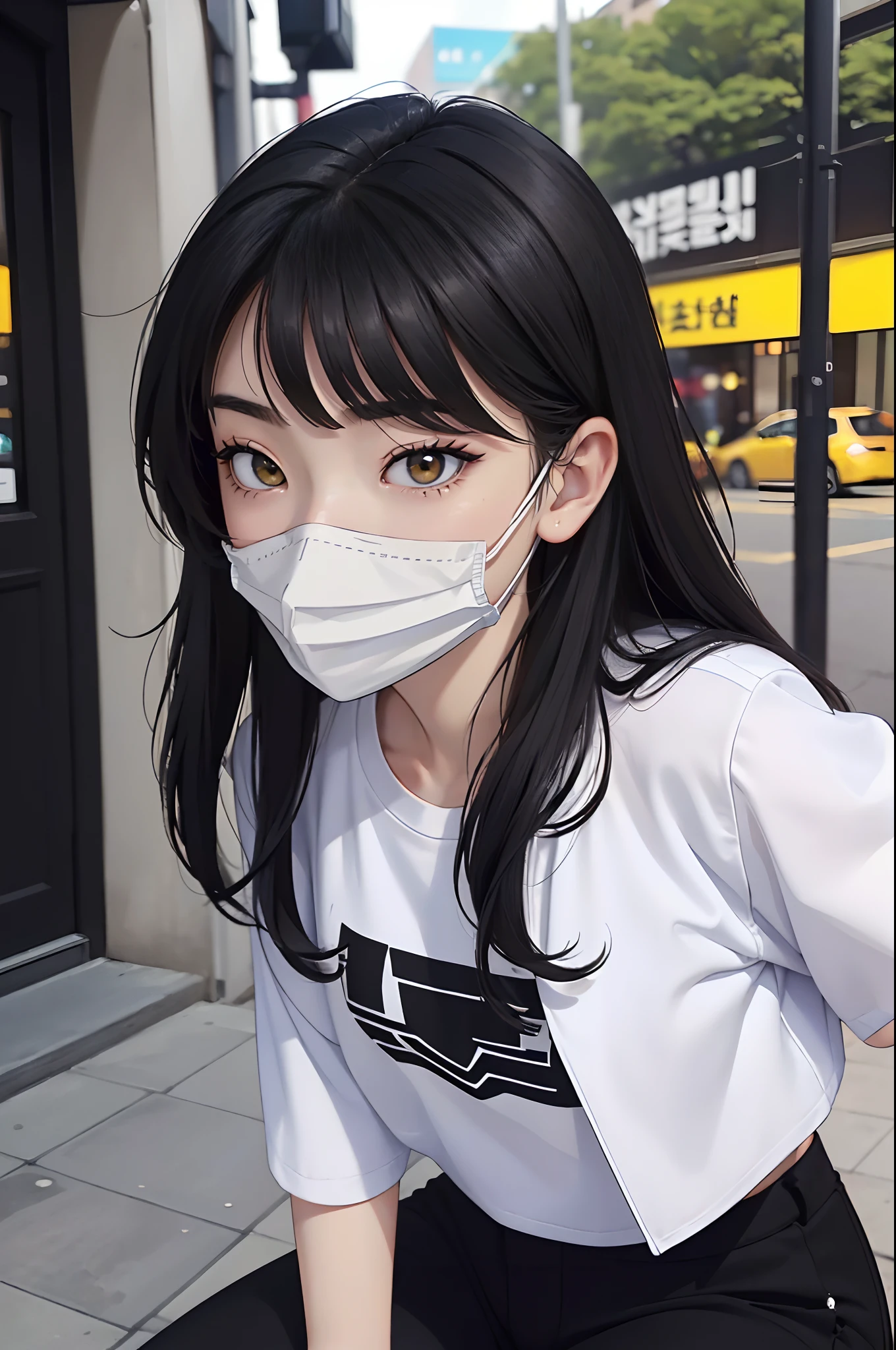 (4K works))、​masterpiece、(top-quality)、shopping、Korean female、adult  woman、((Adult 26 years old))、((Face similar to Hyunjin))、cool lady、tall、((Glaring expression))、((Sleepy face))、((Strong eyes))、((Wearing a white T-shirt and a black jacket、Wear long black pants))、((Wear a black mask))、((Smaller face))、Slim body、((How to endure a sales match))、((Cheeky way of standing))、((Bad girl))、((Black long-haired))、((Yellow eyes))、((shot from front))、((Looking down on the viewer))、((rearing))、((Shot alone))、((Solo Photography))