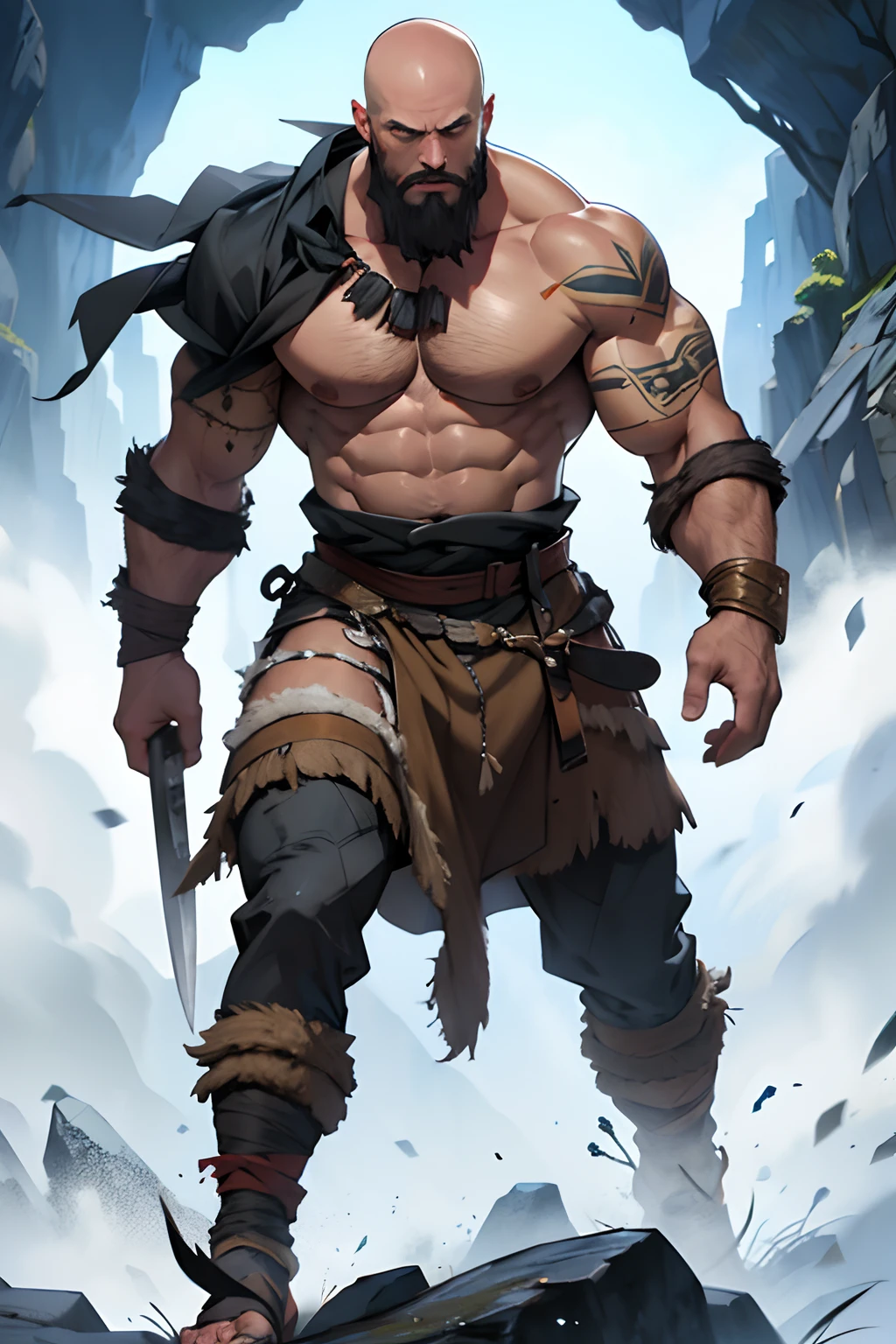 Bald Man, Goliath, bearded all over his jaw, Full-body war paint, barbarian, Medieval times, kind, bald, Full-length, In the clothes of a barbarian, pale skin, dark-skin