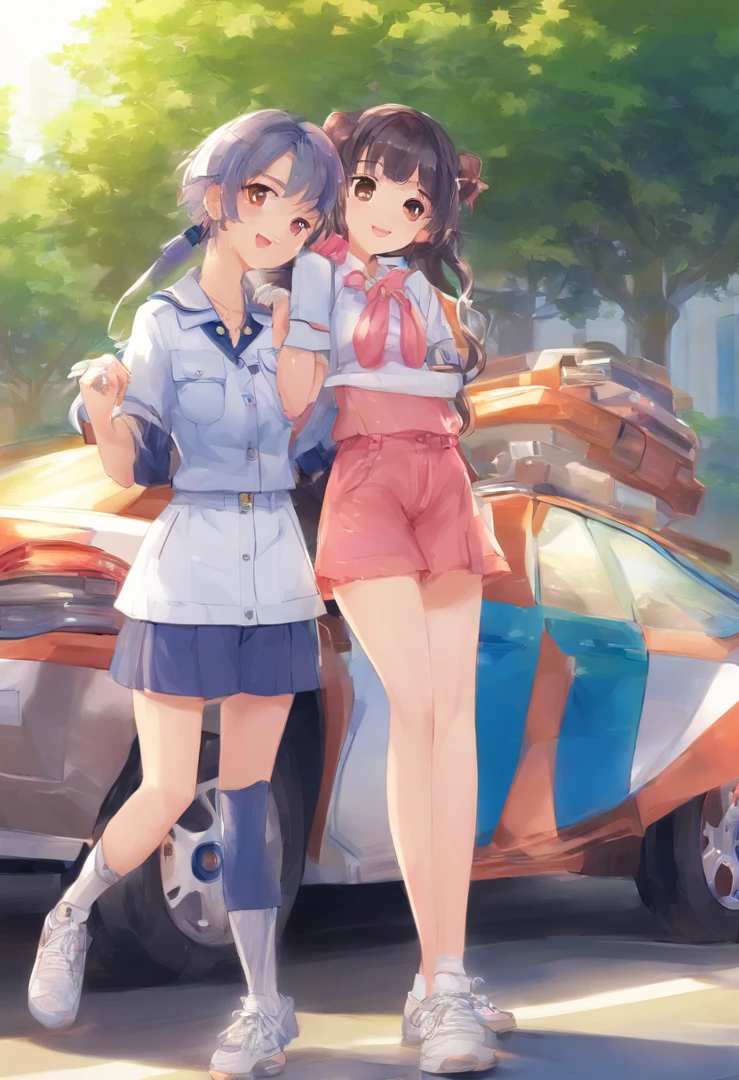 Two anime girls standing next to a car with luggage on top - SeaArt AI