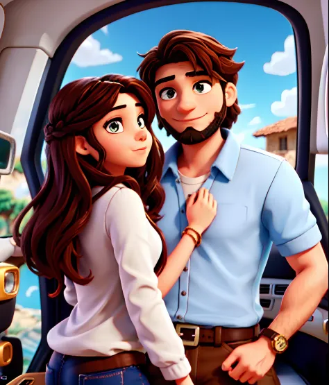 Um casal de aventureiros, the brunette man with a small beard and a brunette woman with medium straight hair, both very beautifu...