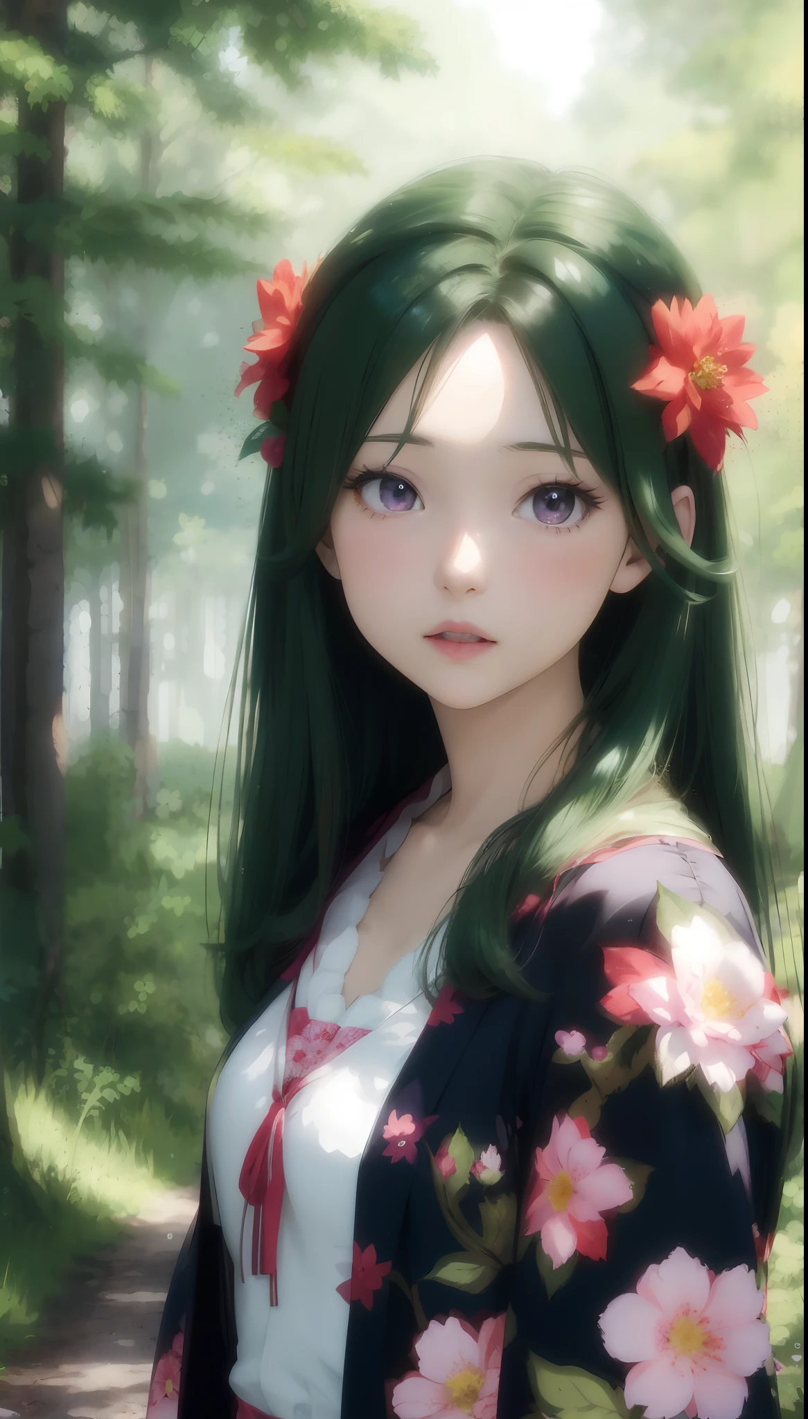 in the woods, Woman with a flower in her hair, photorealistic anime girl render, 3 d anime realistic, smooth anime cg art, realistic anime 3 d style, realistic anime style, 2. 5 d cgi anime fantasy artwork, realistic young anime girl, photorealistic anime, anime realism style, hyper realistic anime, detailed portrait of anime girl