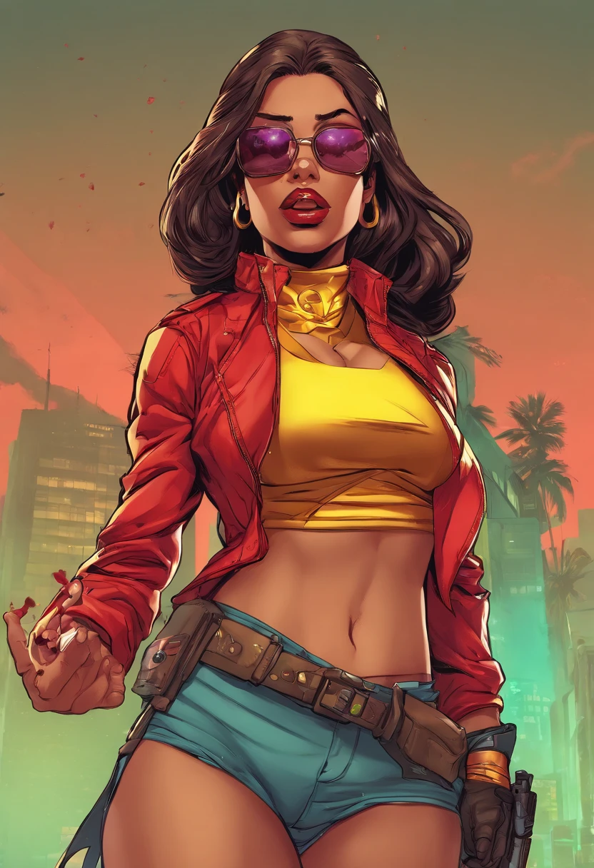 (wonderwoman,supeoutfit),beautiful detailed eyes,beautiful detailed lips,long eyeslashes,confident,stark,athletic,cos,heroine,CAI,indomitable,superstrength,flying,empowering,ferocious,Superheroine,Coraggioso,tiara dourada,Pose stark,blue skirt,Red and gold top,swirly vibrant colors,Comic book style,ink drawing,shadow and light,heroic,shield,super powers,Postura stark,watchful,cityscape background,action-packed,power screws,iconic,superhuman speed,inspirational,mighty,best quality,ultra detali,photorrealistic,vivid colors