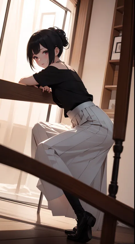 ((Best quality)), ((Masterpiece)), ((Ultra-detailed)), (illustration), (Detailed light), (An extremely delicate and beautiful),A charming young girl,Dramatic perspective,Hanfu,Short black hair,((((long  skirt))))