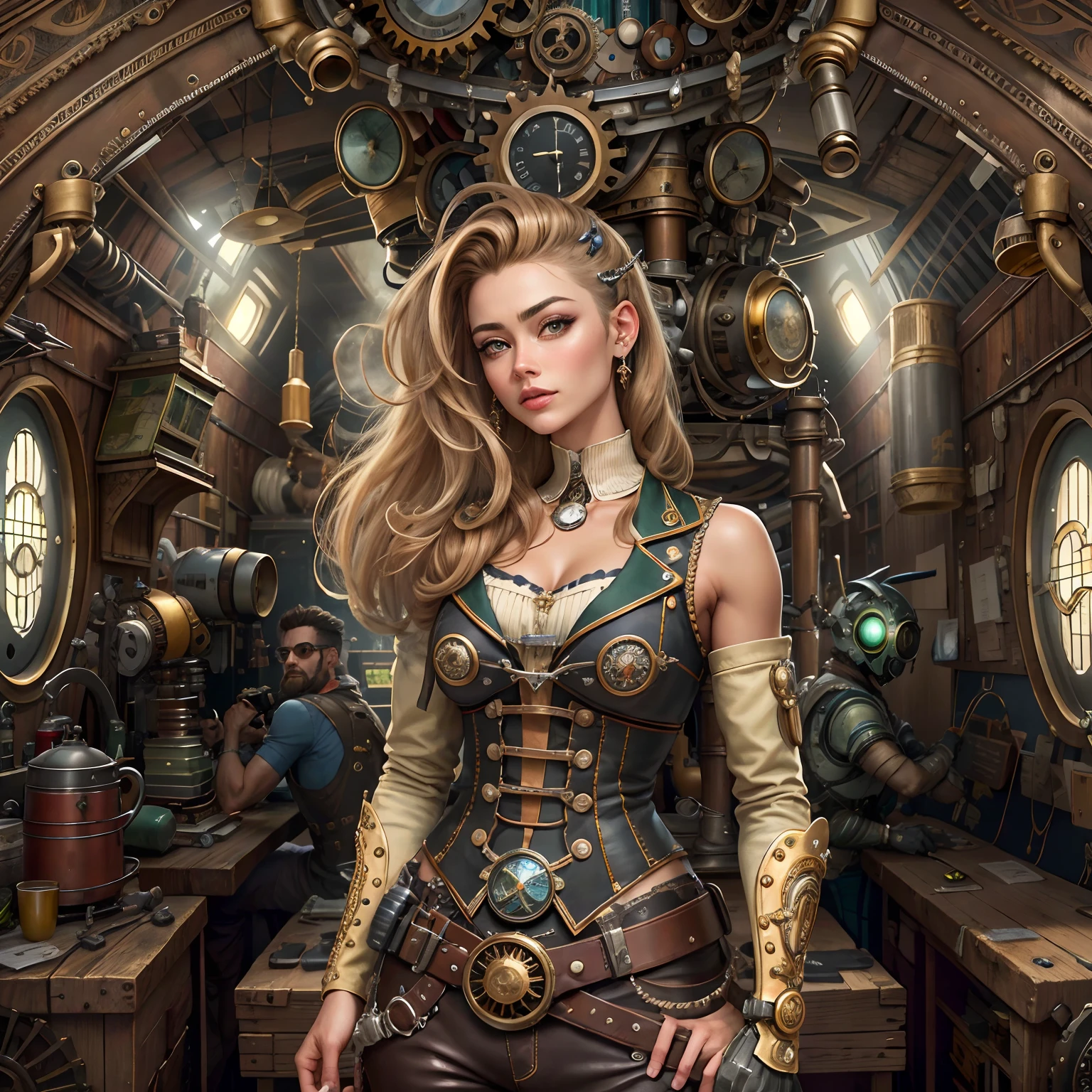 best qualityer，tmasterpiece，ultrahigh-resolution，（realisitic：1.4），absurderes，（1 couple repairing airships in the mansion，（eye focus），Sface Focus, clear facial features），（Koh_Amberheard：0.8），1 best long photo of Beautiful Warrior Woman, long blonde hair, blue colored eyes, 18-years old, medium height, toned body, visible scars, warrior pose, hyper realistic full armor，Steampunc，complex design，insane details，finely detailled，steampunk AI