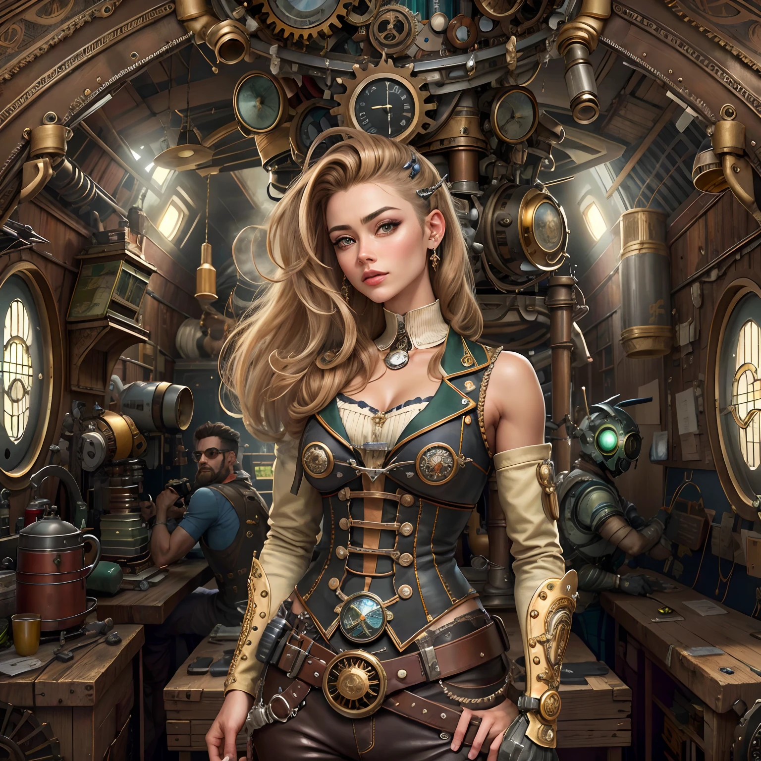 melhor qualidade，tmasterpiece，ultrahigh-resolution，（realista：1.4），absurdos，（1 couple repairing airships in the mansion，（foco ocular），Foco Sface, clear facial features），（Koh_Amberheard：0.8），1 melhor foto longa de Mulher guerreira bonita, longo cabelo loiro, olhos azuis, 18 anos, altura mediana, corpo tonificado, cicatrizes aparentes, pose de guerreira, armadura completahiper realisitc，Steampunc，design complexo，detalhes insanos，finamente detalhado，IA steampunk