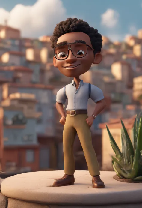 Cartoon character of a man afro-descendant, balding, presenting a podcast on a rooftop in the favela, animation character, Caractere estilizado, animation style rendering, 3D estilizado, Arnold Maya render, 3 d render stylized, toon render keyshot, Persona...