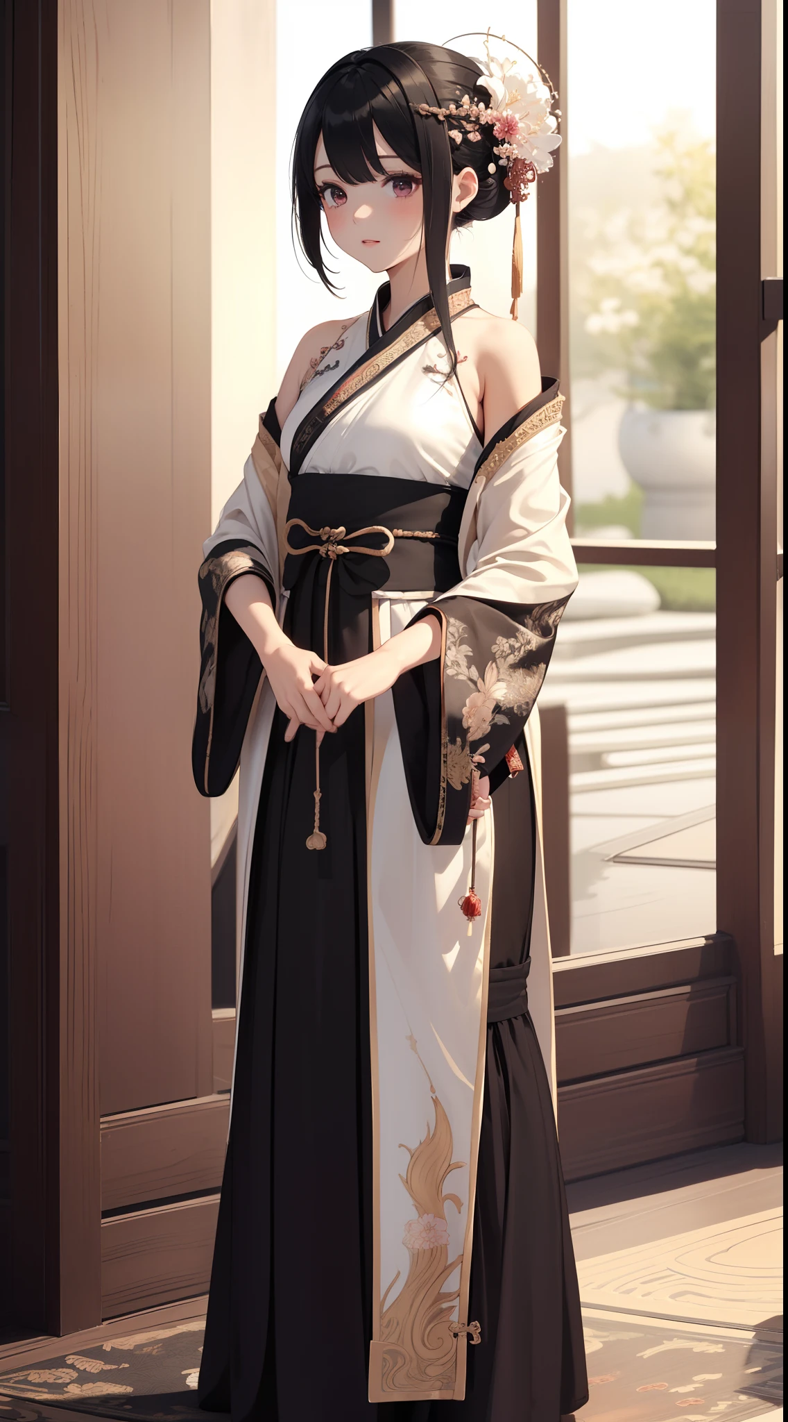 ((Best quality)), ((Masterpiece)), ((Ultra-detailed)), (illustration), (Detailed light), (An extremely delicate and beautiful),A charming young girl,Dramatic perspective,(((Hanfu long skirt))),Short black hair,