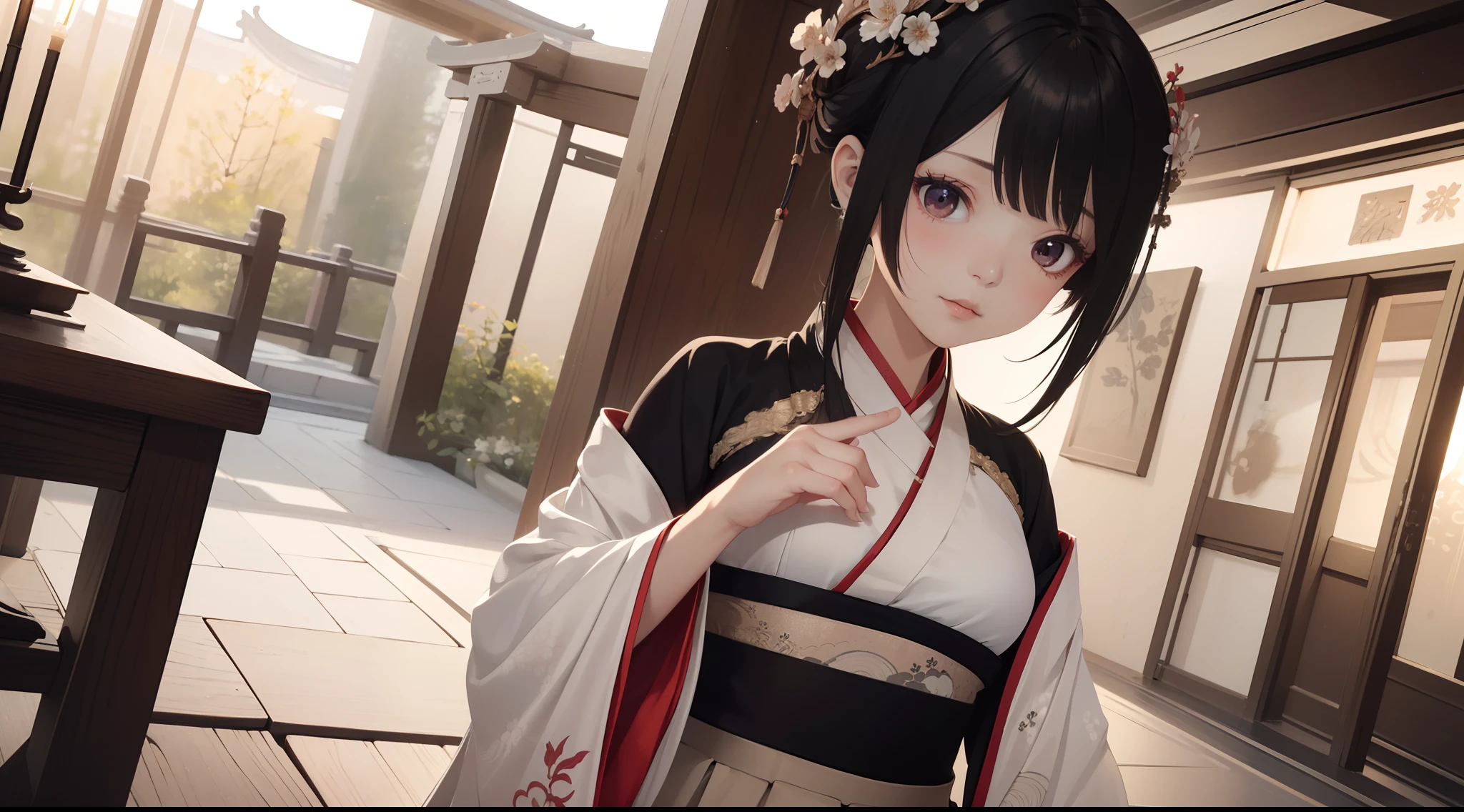 ((Best quality)), ((Masterpiece)), ((Ultra-detailed)), (illustration), (Detailed light), (An extremely delicate and beautiful),A charming young girl,Dramatic perspective,(((Hanfu long skirt))),Short black hair,