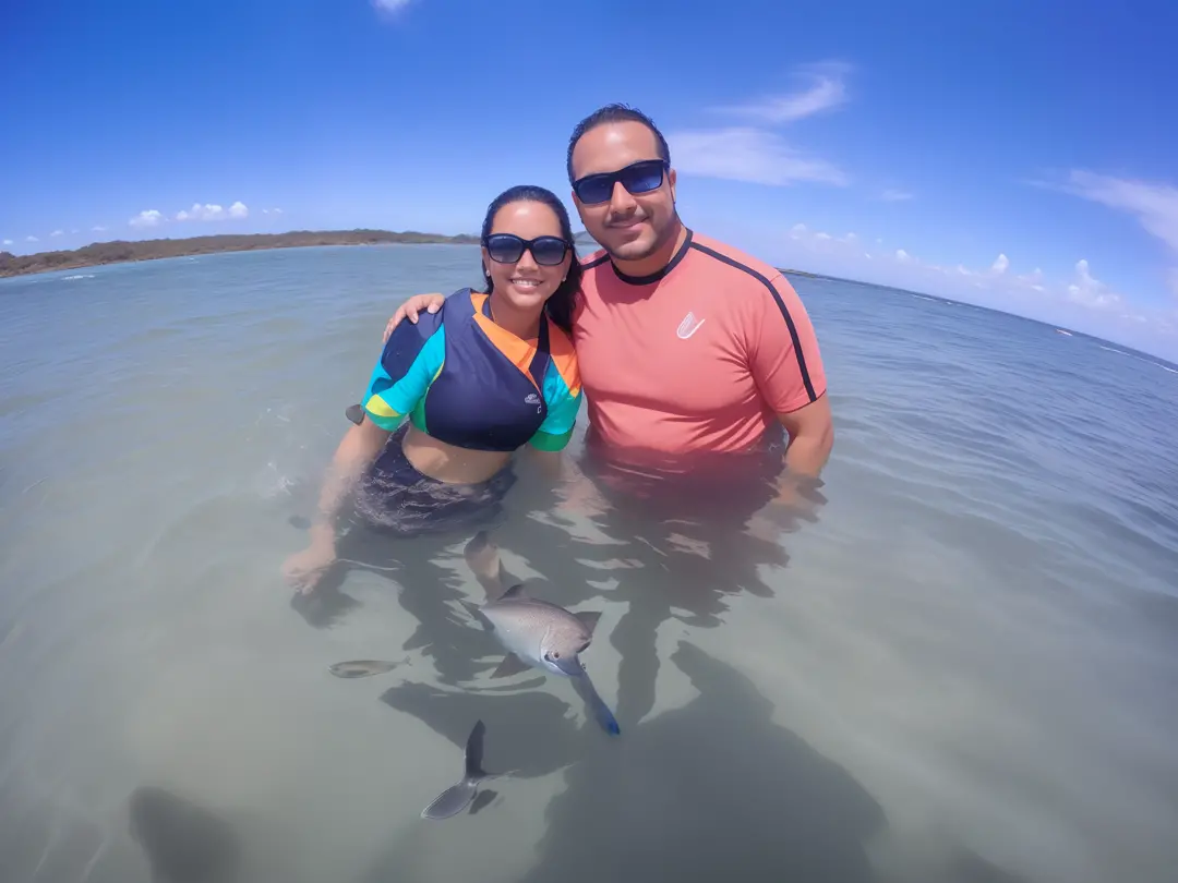 There are two people who are in the water with fish, ver peixes nadando, vacation photo, standing in shallow water, peixes no fundo, no meio do oceano!!!!!, Fotografia tirada em 2 0 2 0, Postagem 4k, 4 k post, Standing under the sea, divertindo-se, exclusi...