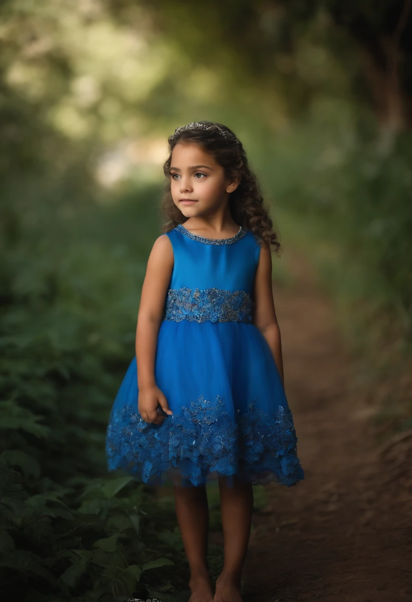 A close up of a young girl in a blue dress standing on a path - SeaArt AI