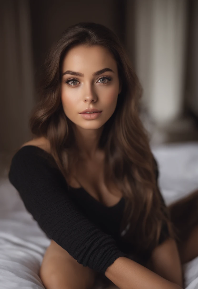 arafed woman fully , sexy girl with brown eyes, ultra realistic, meticulously detailed, portrait sophie mudd, brown hair and large eyes, selfie of a young woman, bedroom eyes, violet myers, without makeup, natural makeup, looking directly at the camera, face with artgram, subtle makeup, stunning full body shot kneeling on bed, in bedroom, medium to large size bust