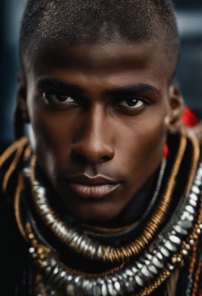 A close up of a man with a necklace and a necklace around his neck ...