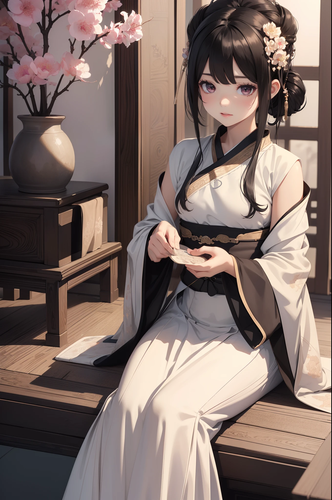 ((Best quality)), ((Masterpiece)), ((Ultra-detailed)), (illustration), (Detailed light), (An extremely delicate and beautiful),A charming young girl,Dramatic perspective,(((Hanfu long skirt))),Short black hair,