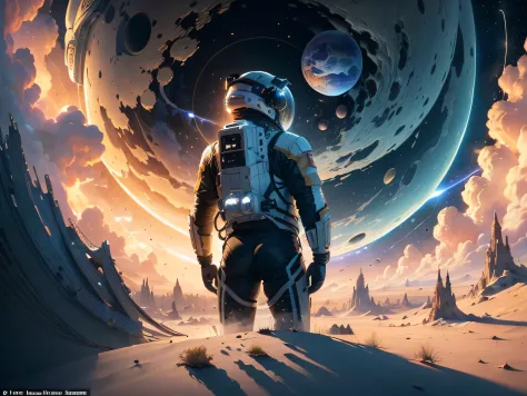 ((Masterpiece)), (Best Quality)), 8K, high detail, hyper-detail, the painting depicts a scene of breathtaking magnificent spatial images. The picture shows a man wearing a spacesuit, facing back, looking at another glowing planet in space. The scenes are e...