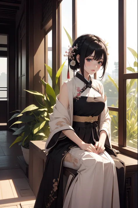 ((Best quality)), ((Masterpiece)), ((Ultra-detailed)), (illustration), (Detailed light), (An extremely delicate and beautiful),A charming young girl,Dramatic perspective,(((Hanfu long skirt))),Short black hair,