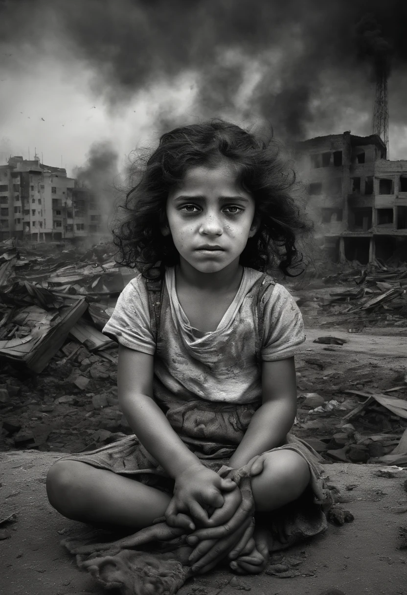 A surreal depiction of a , Sit sadly, in pain, (eyes shedding tears, The face is focused on the camera), A sense of disorder, a Palestinian, Curly hair, Dusty face and fabric, (A city in the background is destroyed by fire, Human body on the ground, Some people are crying, palestinian child crying, Palestine, Gaza Demolished buildings), Ultra-detailed, Vibrant colors, Black and gray shades, Highly emotional imagery, Surrounded by swirling black smoke against a dark and haunting backdrop. The image must be located at the charming 16:9 format.