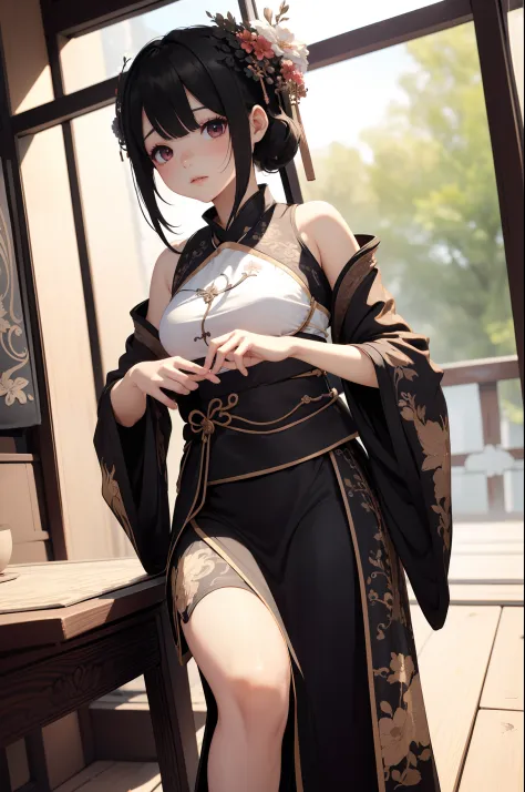 ((Best quality)), ((Masterpiece)), ((Ultra-detailed)), (illustration), (Detailed light), (An extremely delicate and beautiful),A charming young girl,Dramatic perspective,(((Hanfu long skirt))),Short black hair,