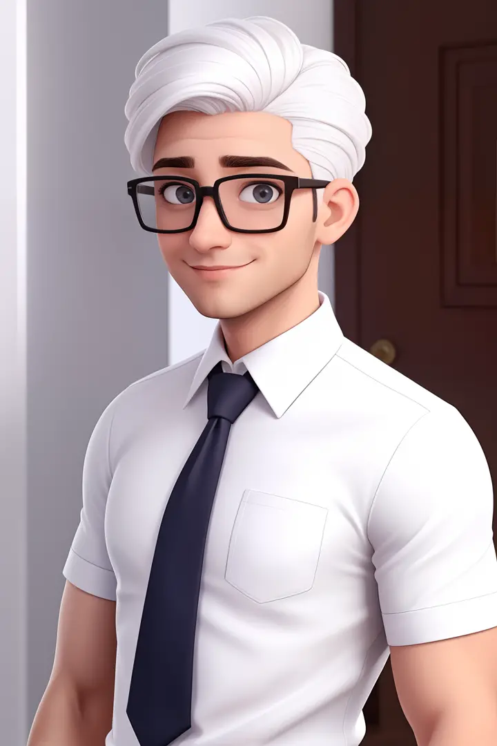 Um homem de 30 anos, com cabelos castanhos curtos,face de diamante, olhar rigoroso, e olhos castanhos, Wearing white white shirt with tie and glasses.