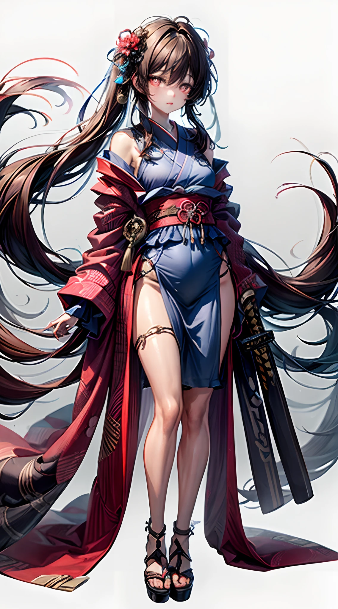 (best quality,masterpiece:1.2), dark hair, long hair, red eyes, chain background, goddess, [white background:1.5], long shot, isometric, full body, kimono, katana, ethereal lighting, vibrant colors