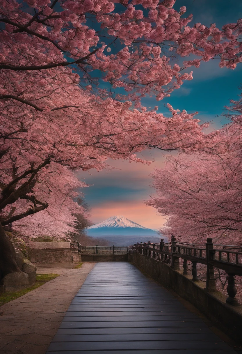 A wooden walkway leading to a bridge with cherry trees in the background -  SeaArt AI