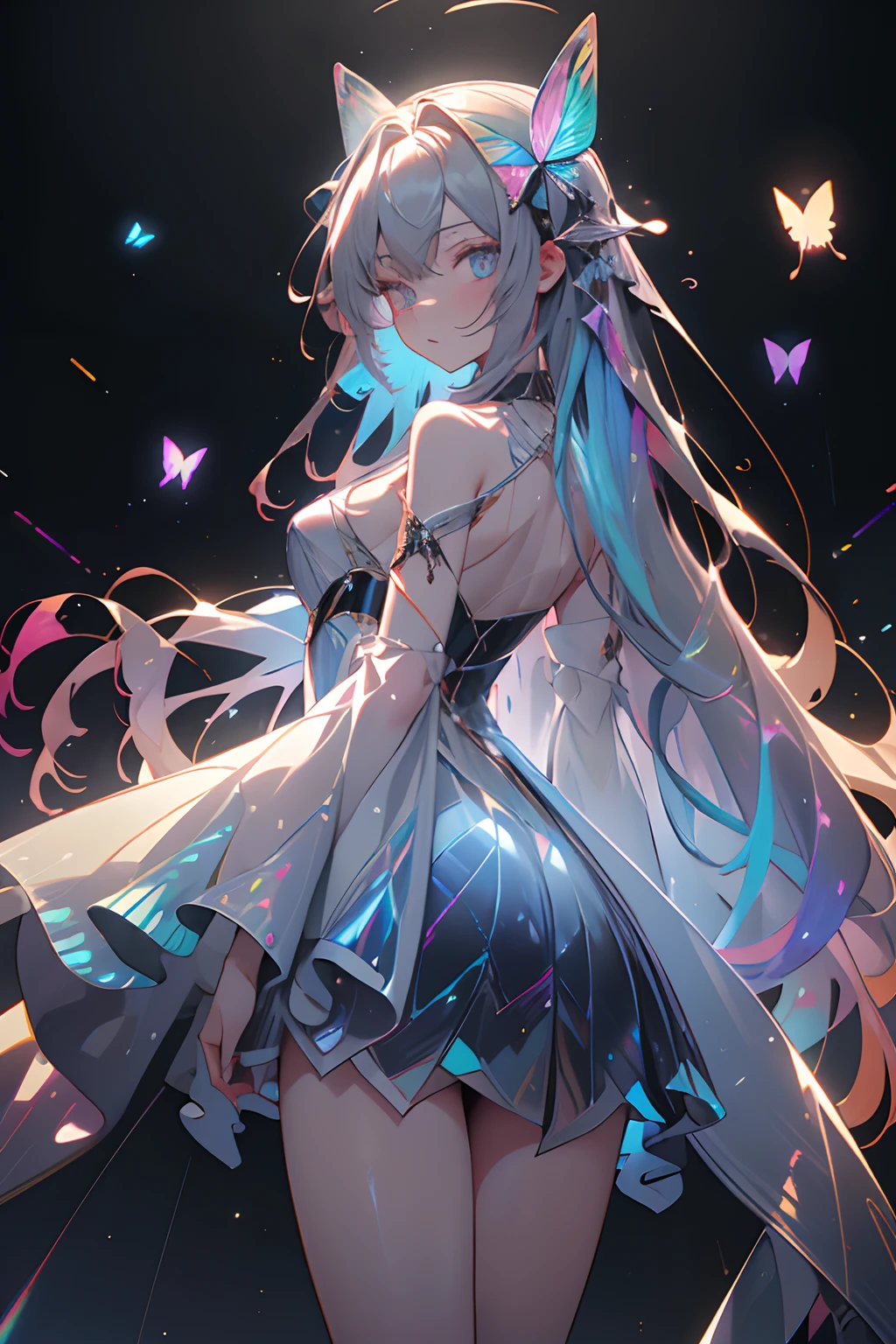 masterpiece, best quality,highres, 1 woman, adult, long hair. look_at_viewer, tall, perfect stature, liuli, bangs, chromatic dispersion, tansparent_plastic, Polychromatic prism effect, iridescence/opalescence, glowing colors, aluminum foil, Glowing ambiance,, moonlight, stars in the eyes, butterfly style, iridescence, coloured glaze, Polychromatic prism effect, rainbowcore, iridescence/opalescence, glowing ambiance, beautiful dress