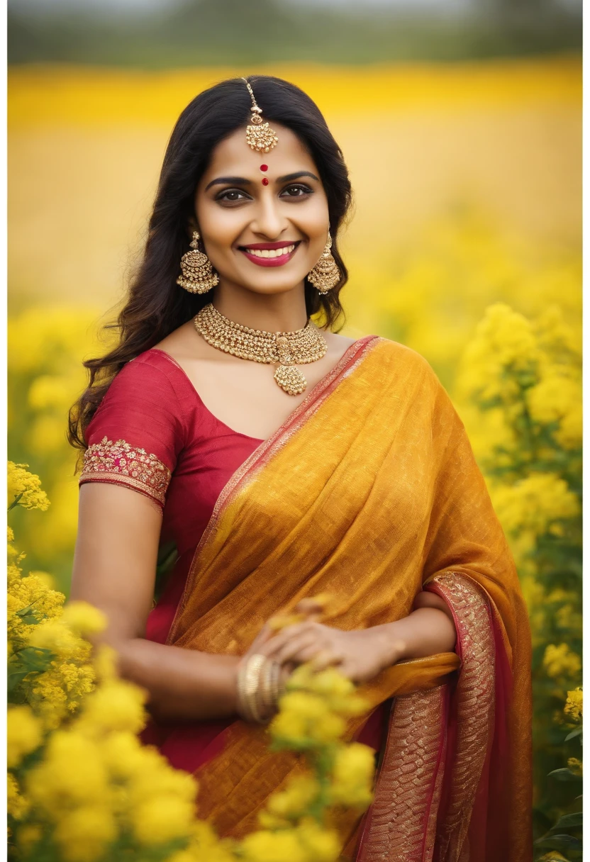 A woman in a yellow sari standing in a field of yellow flowers - SeaArt AI