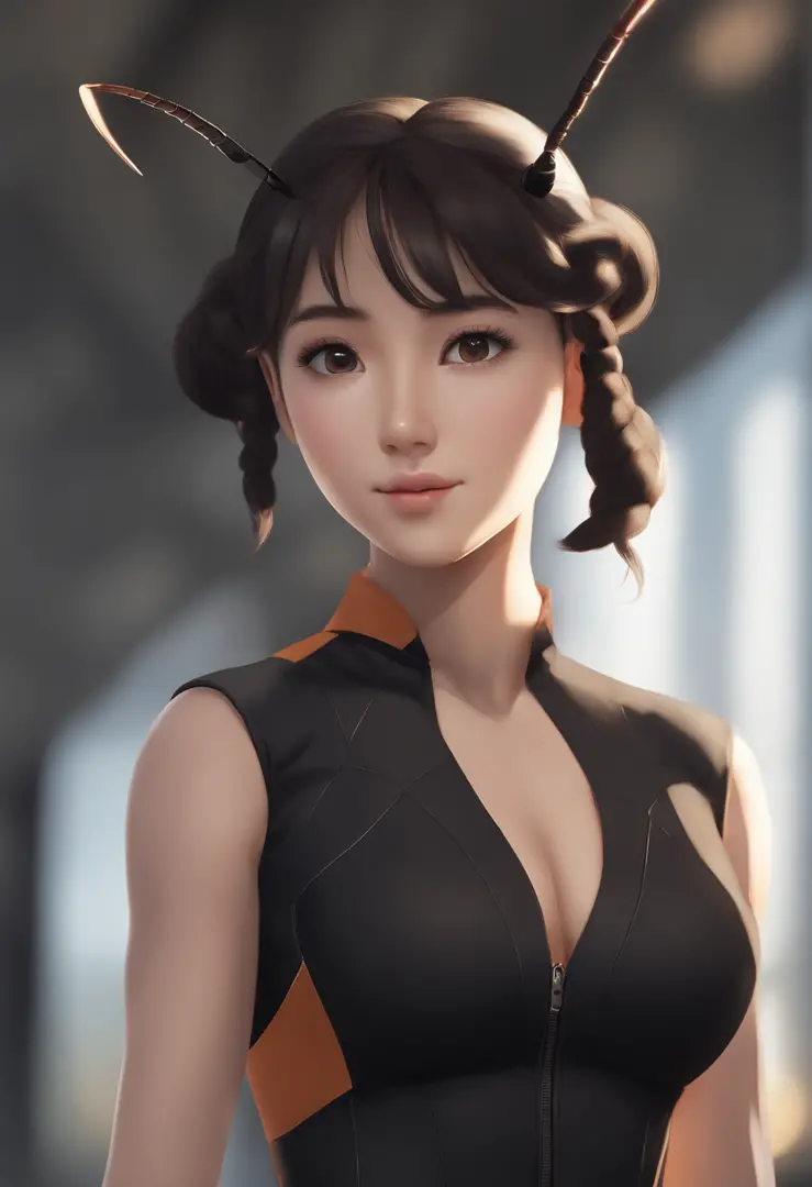 anime young woman, with light-brown eyes and a height of 5'6". Her physique boasts a lean and athletic build. She has black hair, typically kept in a tidy bun. Two antennas on her head that make her look like an ant. She's wearing a black skintight spandex...