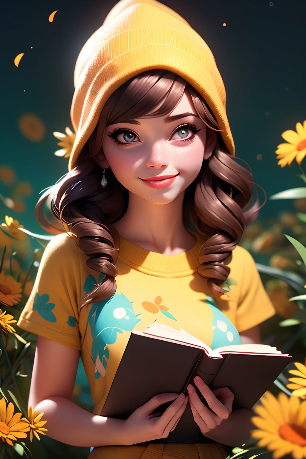 (best quality, 4k, 8k, Altas, master part:1.2), ultra-detalhado, (Realistic, fotorrealista, photo-realistic:1.37), frisky, Cartoon, garota, sorriso bonito, ao ar livre, 3D rendering, belos olhos detalhados, beautiful detailed lips, olhos e rosto extremamente detalhados, long eyeslashes, Coloridos, soft lighting, summer scenery, Grama Verde, atmosfera animada