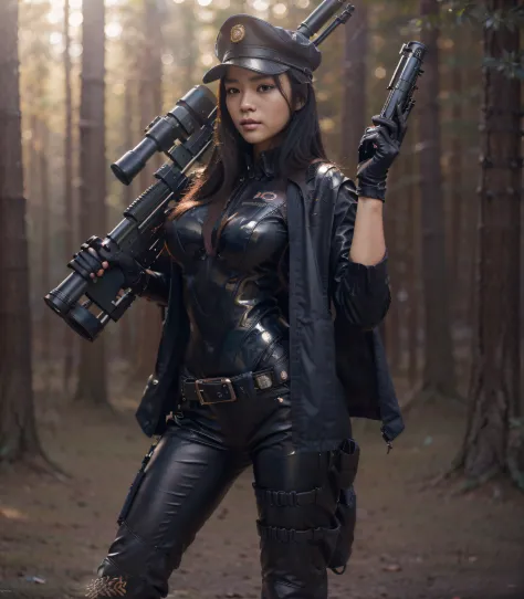 Very beautiful woman, South Korean characteristics, very long black hair, wears a dark blue military cap, tight closed military ...