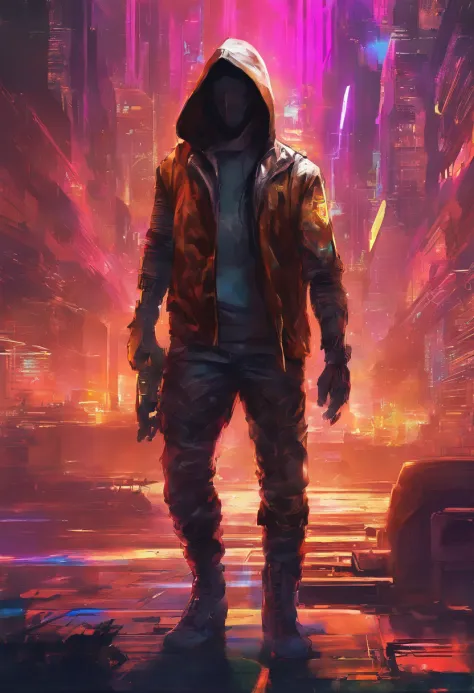 (best quality,highres,ultra-detailed,realistic:1.2), male with robotic arms wearing sleeveless hoodie, brown-eyed, brown ponytail, crackling energy, light beard, futuristic concept, vivid colors, glowing neon lights, impressive physique, powerful stance, c...