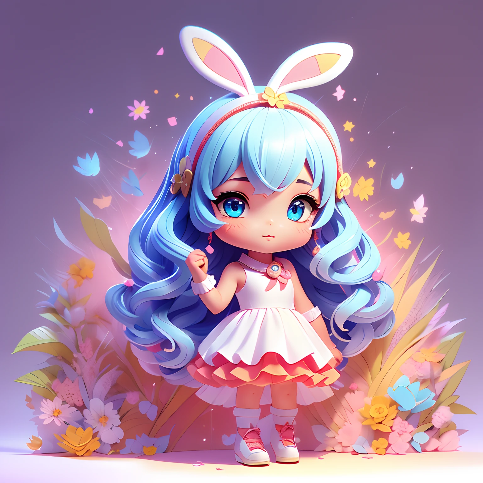 1girl, animal ears, tail, chibi, white hair, bunny ears, solo, bunny tail, long hair, hair ornament, bunny girl, virtual youtuber, dress, blue eyes, ahoge, bow, white background, animal ear fluff, hairclip, holding