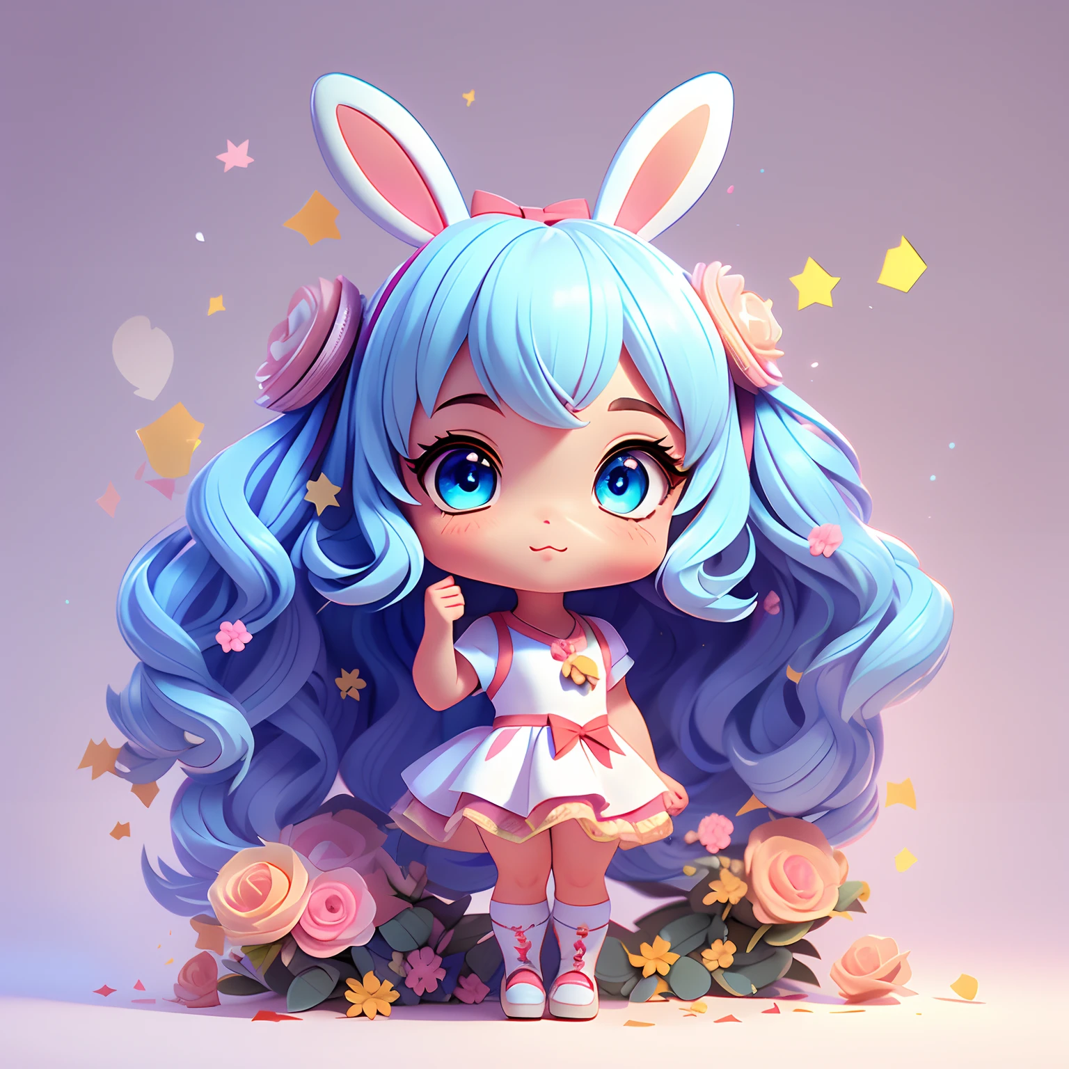 1girl, animal ears, tail, chibi, white hair, bunny ears, solo, bunny tail, long hair, hair ornament, bunny girl, virtual youtuber, dress, blue eyes, ahoge, bow, white background, animal ear fluff, hairclip, holding