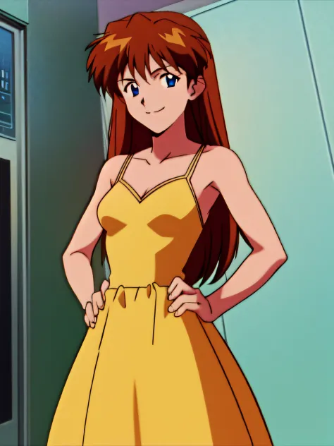 asuka, 1girl, solo, long_hair, breasts, looking_at_viewer, smile, bangs, blue_eyes, orange_brown_hair, small_breasts, standing,hands on hips, yellow dress, smile,