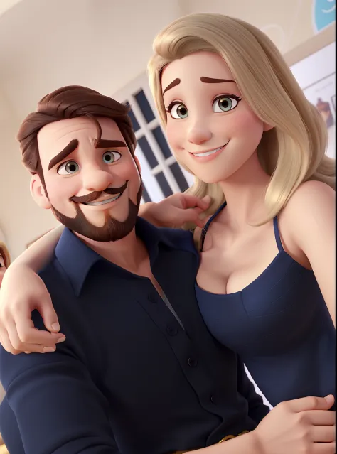 casal homem e mulher no estilo Disney Pixar, alta qualidade, melhor qualidade, ele cabelo curto e barba. Ela cabelo loiro longo liso, sorrindo.