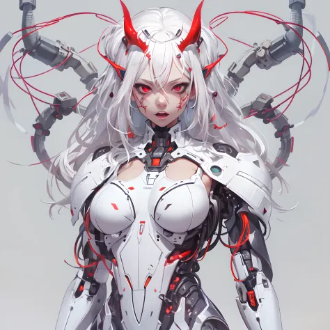 ((Masterpiece, Highest quality)), Detailed face， full bodyesbian, Full of details,and expressions, Highly detailed, Depth, Many parts，albino, white hair, red eyes, robot, cyber, wires, devil wings, devil horns,big boobs