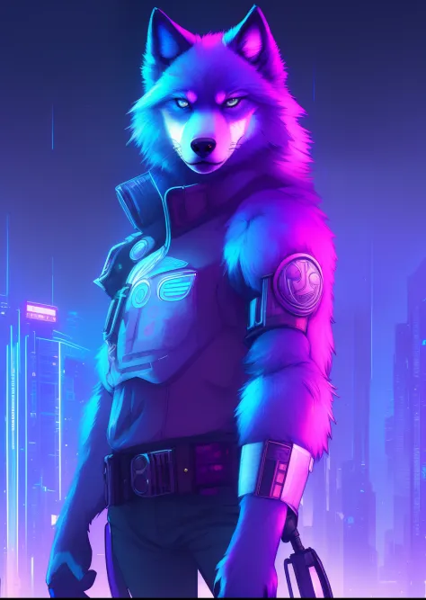 award winning beautiful portrait commission of a male furry anthro Blue wolf fursona with a tail and a cute beautiful attractive detailed furry face wearing stylish black cyberpunk clothes in a cyberpunk city at night while it rains. Character design by ch...