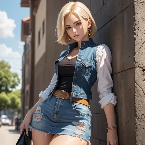 (cowboyshot: 1.2), (android_18, and18(dragonball z), (finely detailed beautiful eyes and detailed face), (Face through thighs: 1.4), (Knee shot: 1.2), Blonde hair, Solo, Lady, (Beautiful background), :), Dynamic Angle, Blue eyes, Bright face, Sunlight, (Br...