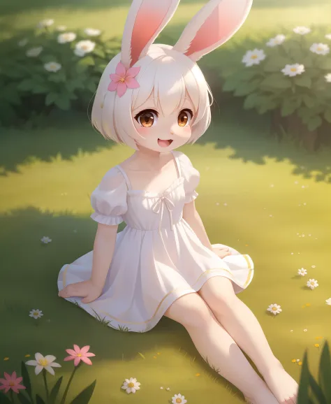 (masterpiece,best quality), 1girl,petite,flat chest, solo, solo focus, (animal ears, rabbit ears), barefoot, knees up, dress, si...