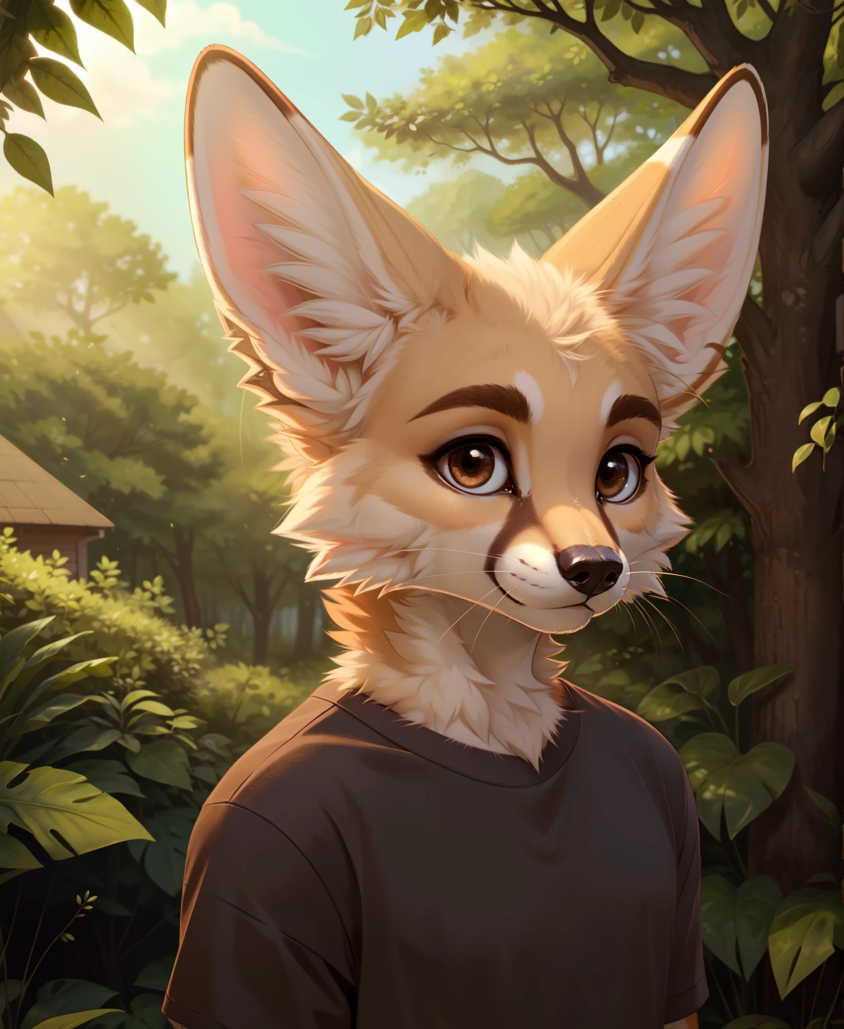 mammal, canid, fur, canine, solo, white body, fennec fox, whiskers, white fur, plant, leaf, clothing, anthro, tuft, ambiguous gender, hi res, detailed background, clothed, inner ear fluff, black nose, topwear, portrait, looking at viewer, nature, bust portrait, fluffy, fox, outside, front view, shirt, brown eyes, multicolored body