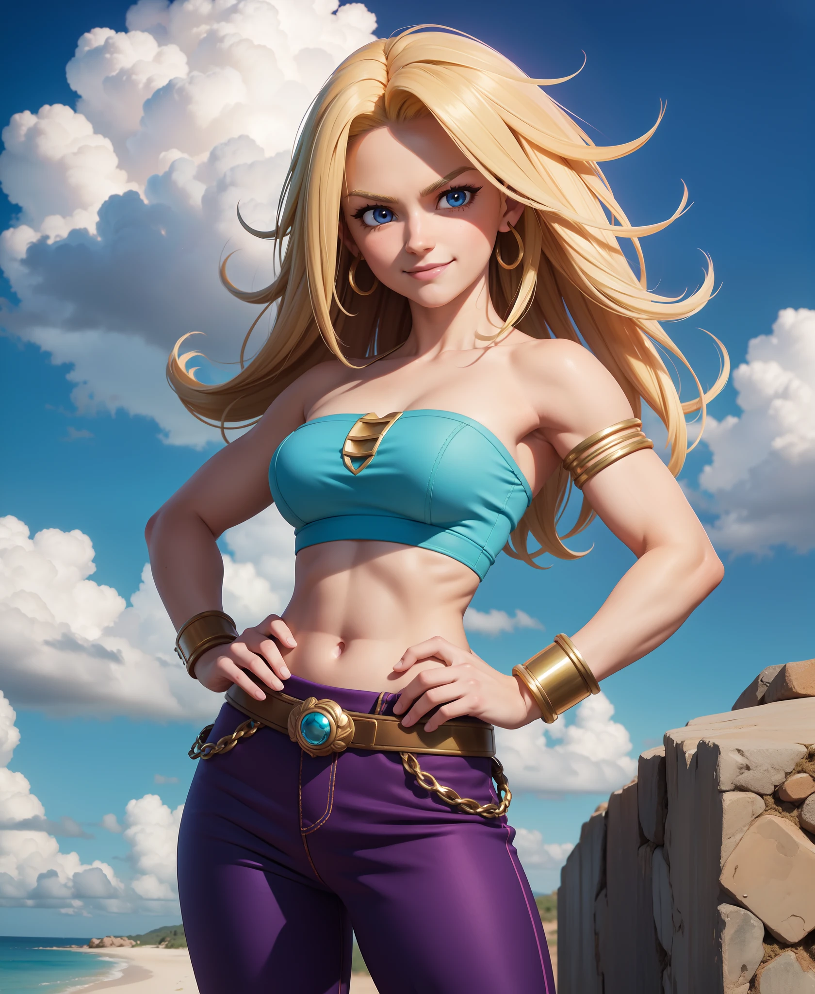 masterpiece, best quality, ssjcaulifla, blonde hair, aqua eyes, tube top, purple pants, bracers, cowboy shot, looking at viewer, smile, furrowed brow, hands to hips, sky, clouds