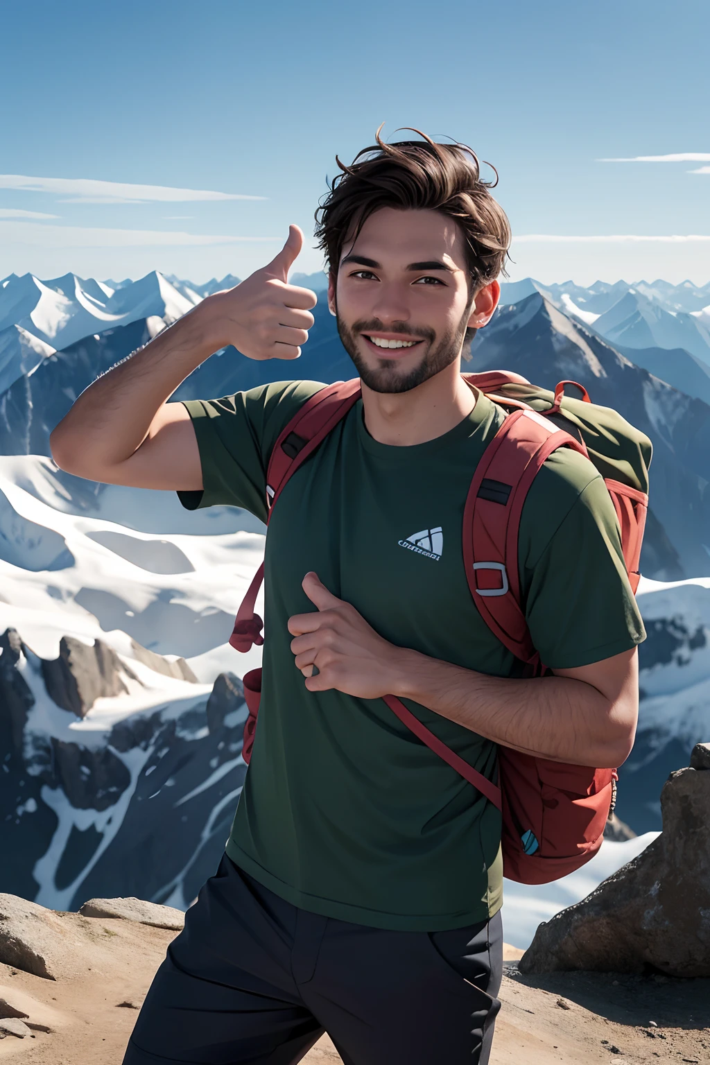 La imagen muestra a un hombre de pie sobre una montaña., dando una señal de pulgar hacia arriba. Lleva una camiseta verde y parece estar disfrutando de su tiempo en la montaña.. El hombre también lleva una mochila., lo que sugiere que podría estar realizando una caminata o una aventura al aire libre.. La montaña al fondo proporciona un telón de fondo escénico para el gesto del hombre con el pulgar hacia arriba., indicando que se está divirtiendo y posiblemente celebrando su logro de llegar a la cumbre.