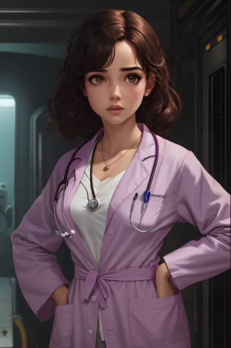 Crie uma imagem pixar com uma menina branca de cabelo preto de baixa estatura e bochechas e olhos grandes , dressed as a doctor