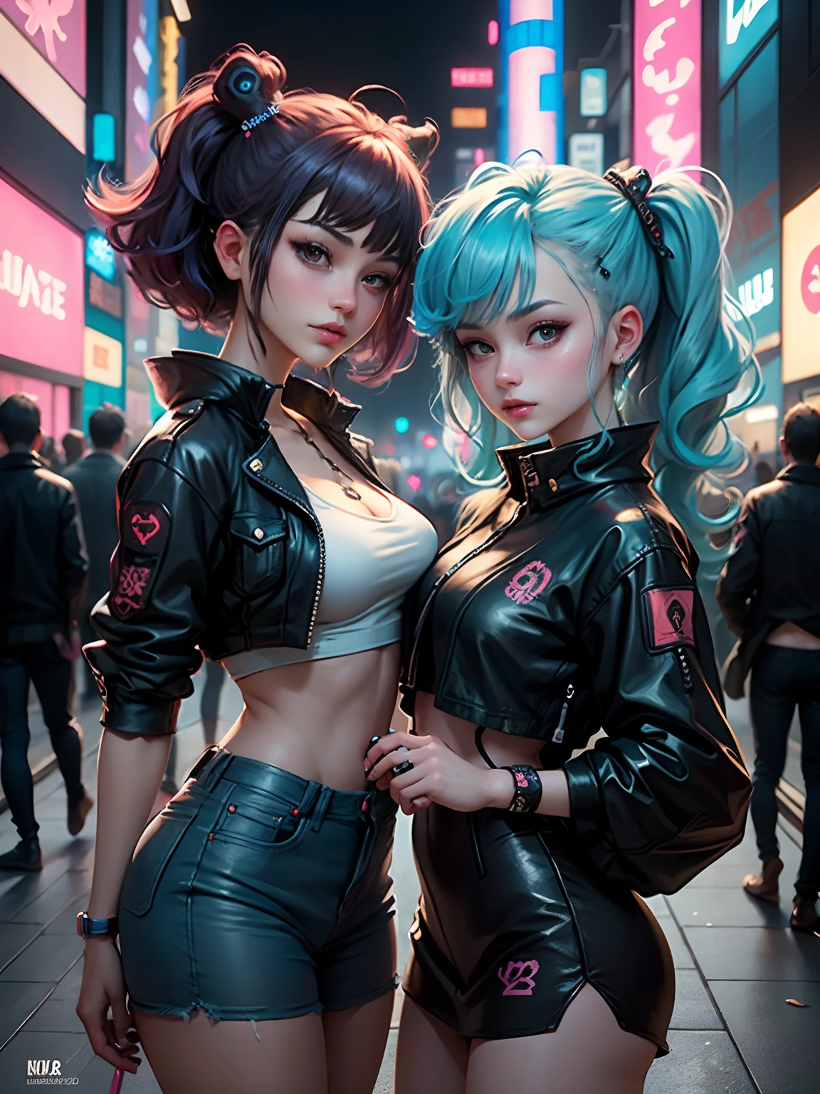 masterpiece, best quality, 2 cyberpunk girls standing together taking selfie portrait, ((((Harajuku-inspired cyberpunk clothing)))), bold colors and patterns, eye-catching accessories, trendy and innovative hairstyle))), dazzling Cyberpunk cityscape, skyscrapers, glowing neon signs, LED lights, anime illustration, detailed skin texture, detailed cloth texture, beautiful detailed face, intricate details, ultra detailed, cinematic lighting, strong contrast.