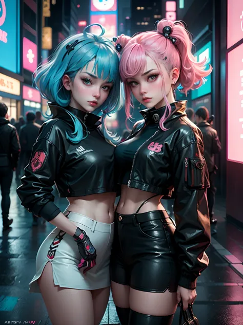 masterpiece, best quality, 2 cyberpunk girls standing together taking selfie portrait, ((((Harajuku-inspired cyberpunk clothing)...