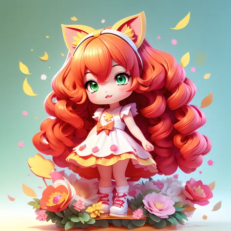 1girl, animal ears, tail, chibi, red hair, cat ears, solo, cat tail, long hair, hair ornament, cat girl, virtual youtuber, dress...