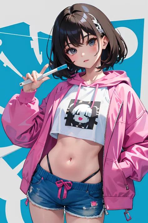 (child)，（​masterpiece，Highest Quality），Crop Top Look，Pastel Hoodie，(Gingham check shorts)，A dark-haired，World of toys