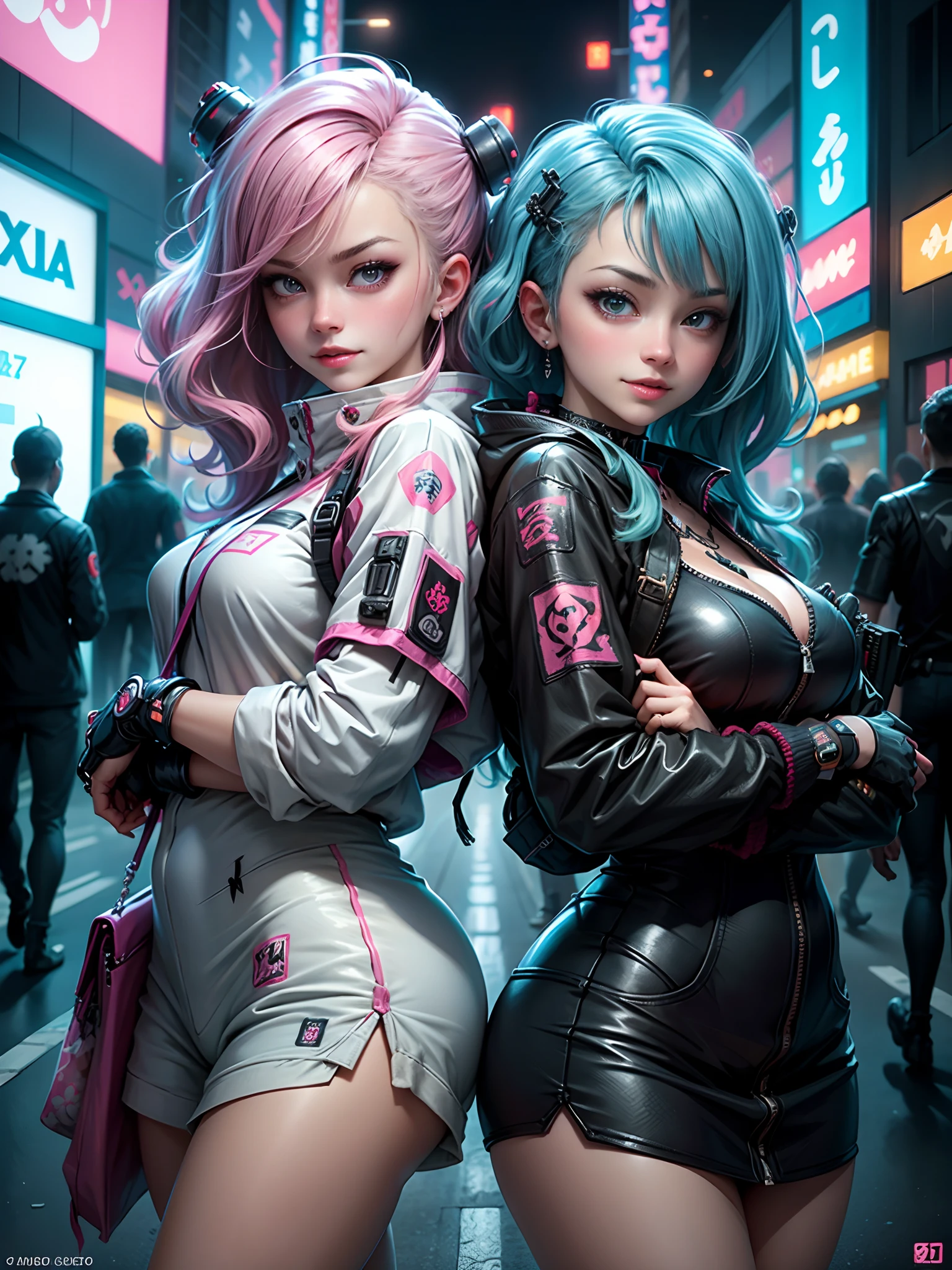 Obra maestra, mejor calidad, 2 chicas ciberpunk sonrientes paradas juntas tomando un retrato selfie, ((((Ropa cyberpunk inspirada en Harajuku)))), colores y patrones atrevidos, accesorios llamativos, peinado moderno e innovador))), ((detalle loco)), deslumbrante paisaje urbano Cyberpunk, rascacielos, letreros de neón brillantes, (Luces led), ilustración animada, textura de piel detallada, textura de tela detallada, hermoso rostro detallado, detalles intrincados, Ultra detallado, iluminación cinematográfica, fuerte contraste.