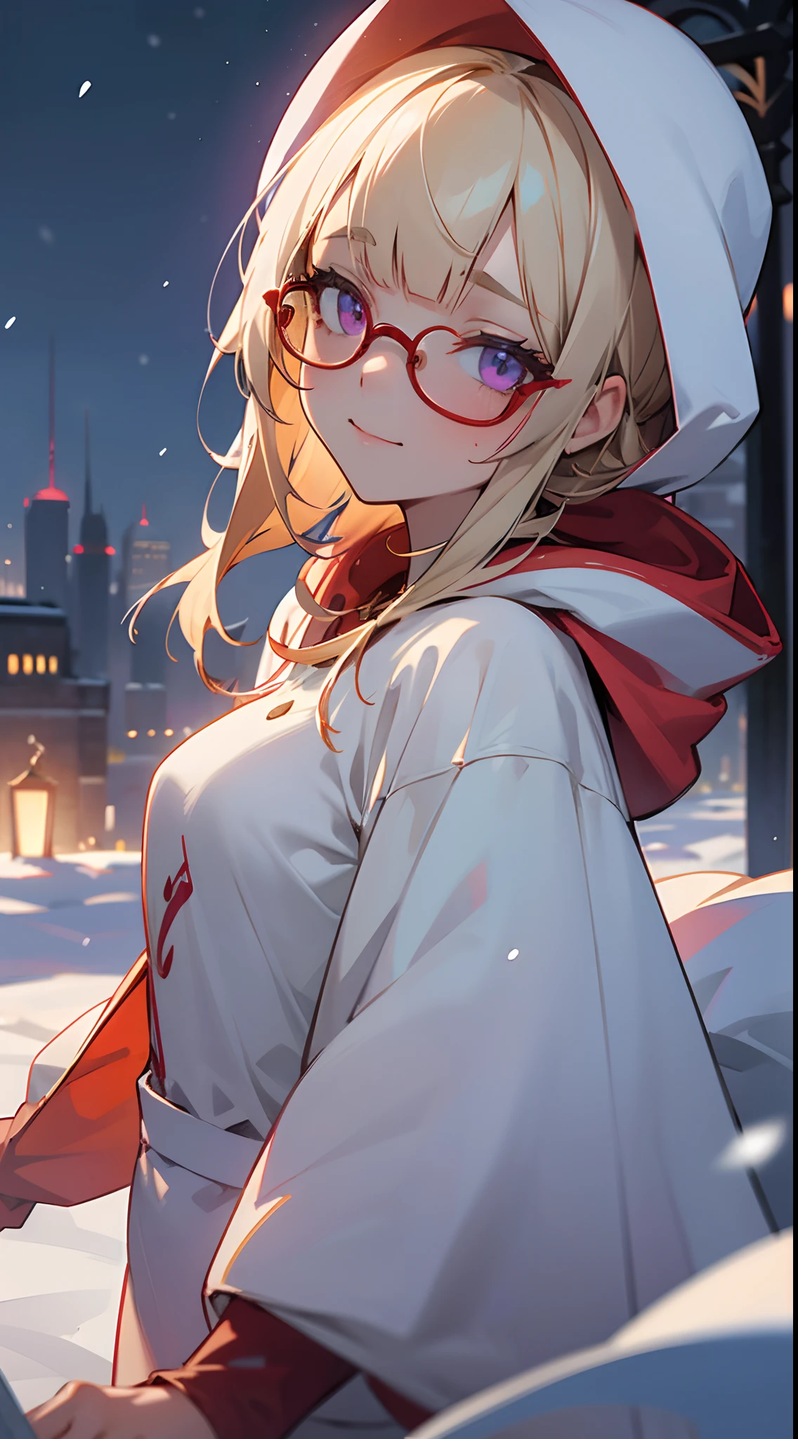 1girl in,a blond、Blunt bangs、Straight hair, Hair pulled back、Purple eyes、((Red Frame Glasses)):1.5,A smile、Laugh、Wearing a red hoodie,city,winter snow,Night,absurderes,hight resolution, ultrasharp, 8K, masutepiece, Looking at Viewer, Fantasy, Magical, Snow-covered rooftop, Frozen breath rises, Glowing streetlights, Ethereal Atmosphere, Dreams, quiet street, Distant city skyline, Fluffy and snowy, Intricate details of the girl's face and outfit, Delicate snowflakes on her eyelashes, mysterious expression, seductive beauty, a captivating gaze, Snowy trees々, Blurry lights in the background, Bright red contrasting with snow-white snow, captivating scene, Evoke a sense of wonder and magic.