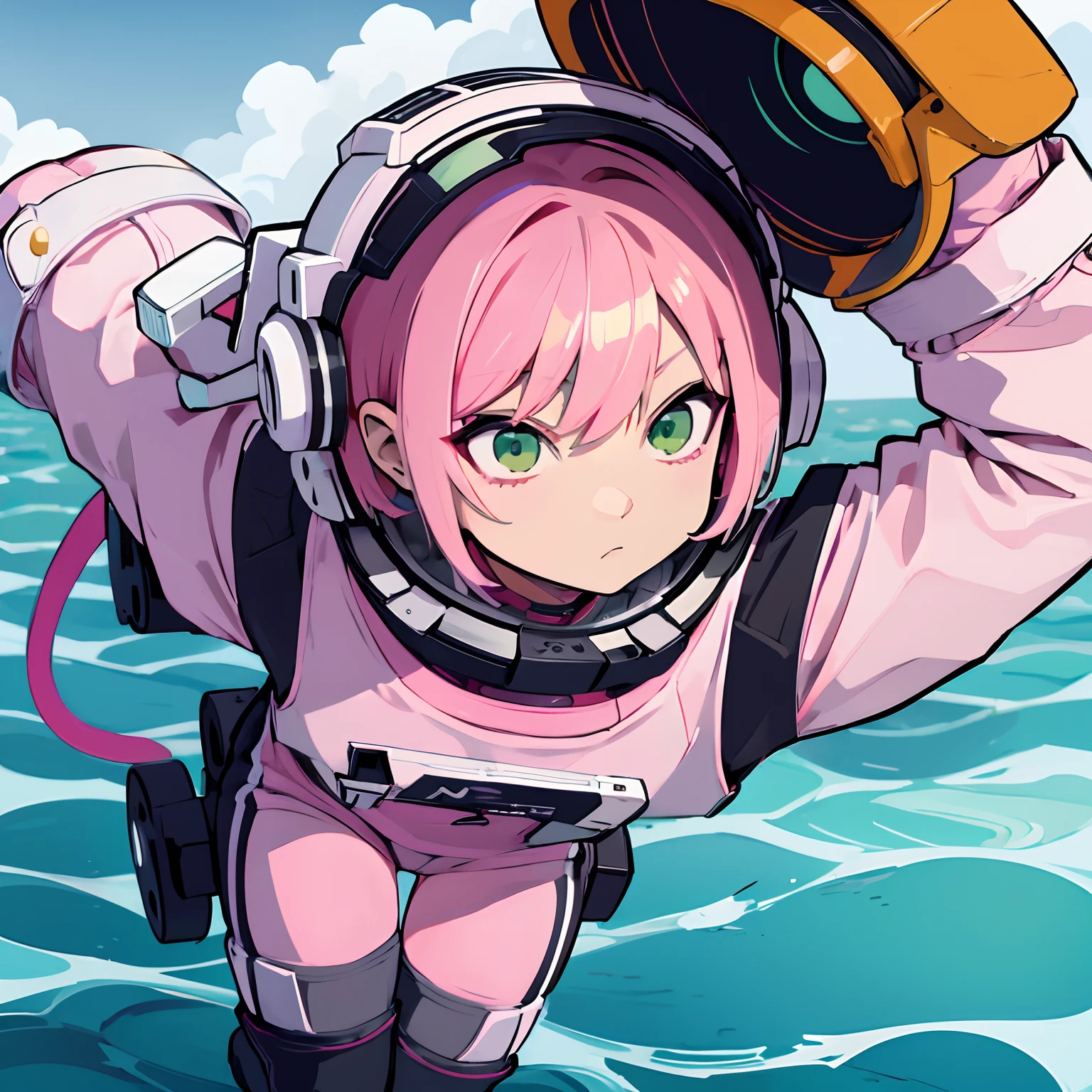 very angry anime girl short pink hair and green eyes wearing a spacesuit no background